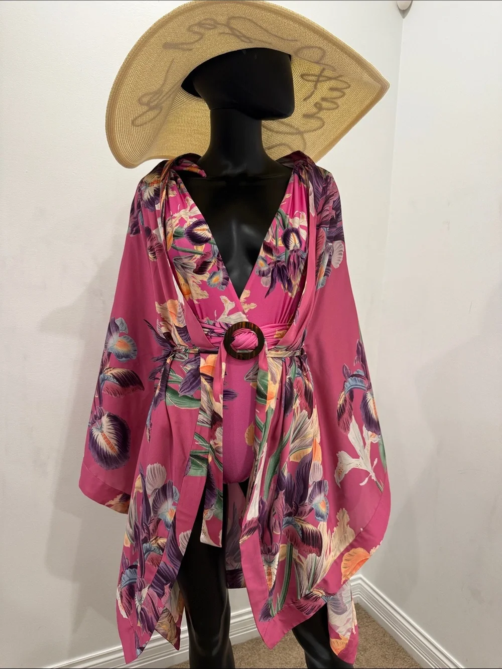 PatBO Iris Print Swimsuit & Matching Kimono Set Pink Resort Beachwear S NWT